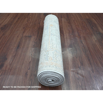 2'7"X12'6" Cement Gray Hand Knotted Afghan Angora Oushak Wool Runner Rug