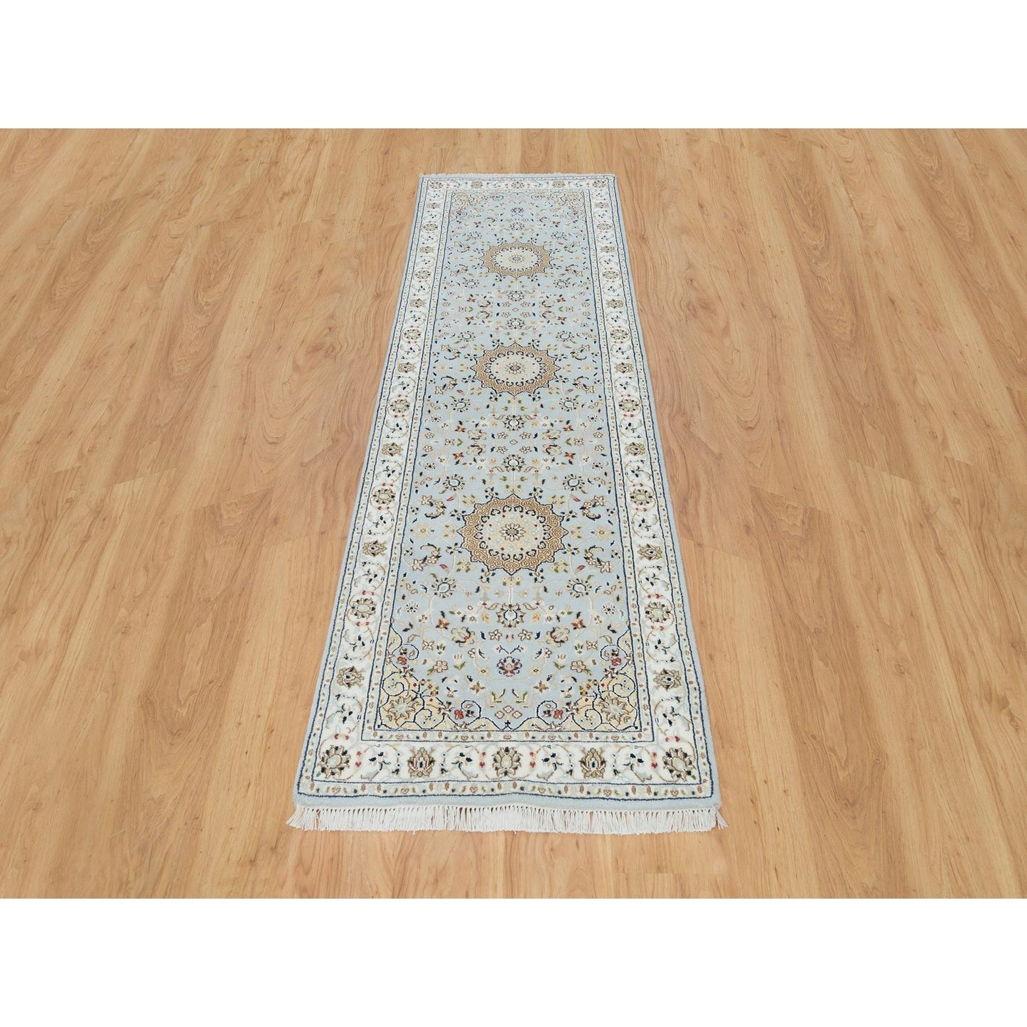 2'9"X8'4" Blue 250 Kpsi Soft Wool Hand Knotted Nain Design Runner Rug