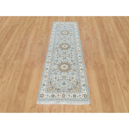 2'9"X8'4" Blue 250 Kpsi Soft Wool Hand Knotted Nain Design Runner Rug