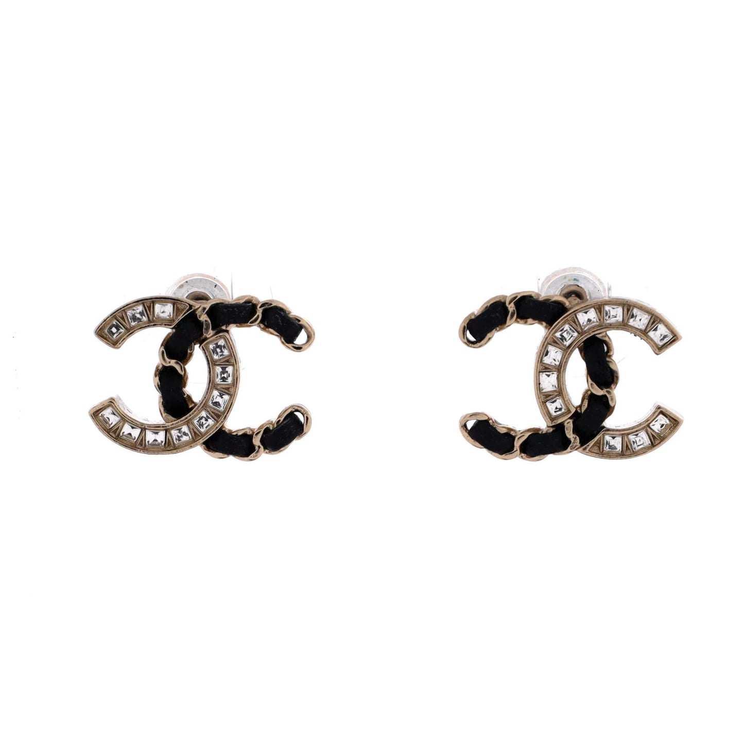 Chanel Cc Stud Earrings Metal With Leather And Crystals