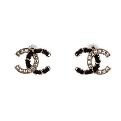 Chanel Cc Stud Earrings Metal With Leather And Crystals
