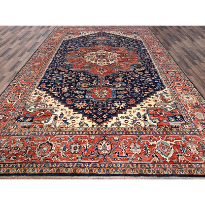 10'1"X14' Midnight Blue Seeripe Heris Design Soft Wool Hand Knotted Rug