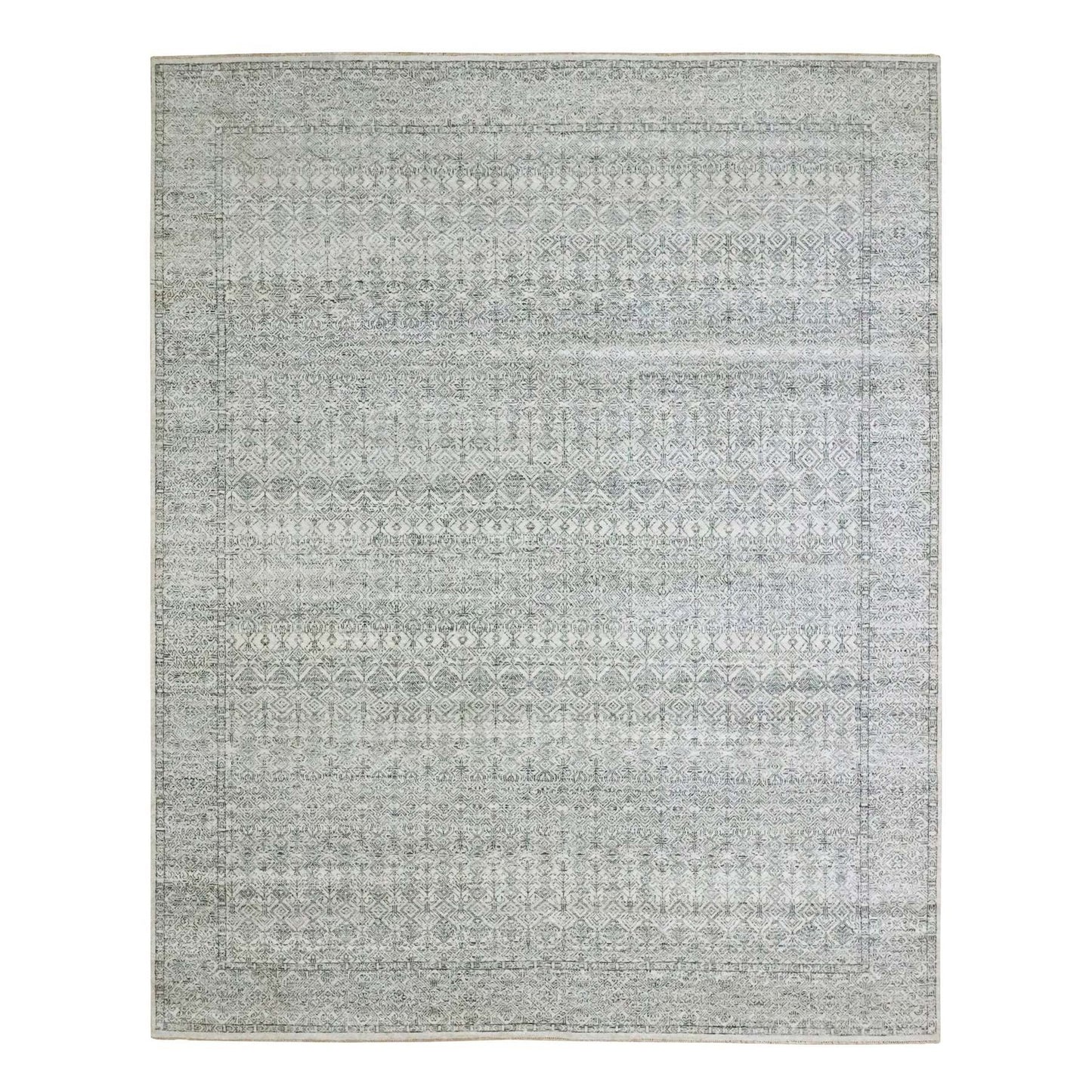 8'2"X10' Ivory Repetitive Tree Design Natural Wool Hand Knotted Rug