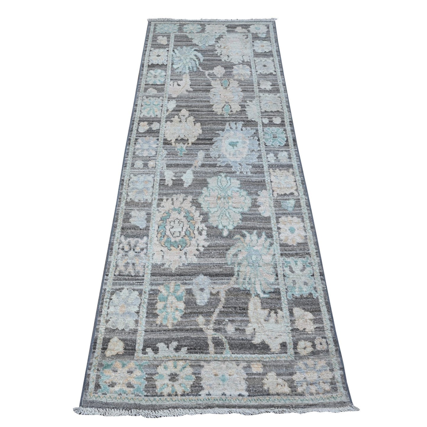 2'8"X7'9" Scorpion Gray Hand Knotted Angora Oushak Runner Oriental Rug