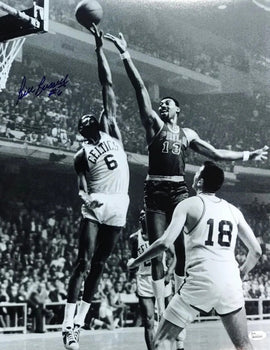 Bill Russell Autographed Blocking Chamberlain 16X20 Photo