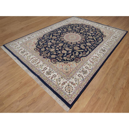 9'X12'2" Midnight Blue Nain Flower Design Wool And Silk Hand Knotted Rug