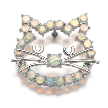 White Opal Cat Brooch 18K 750 White Gold