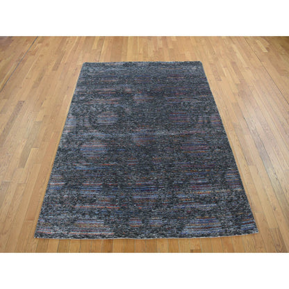 5'9"X7'10" Black Erased Design Handspun Wool And Silk Oriental Rug