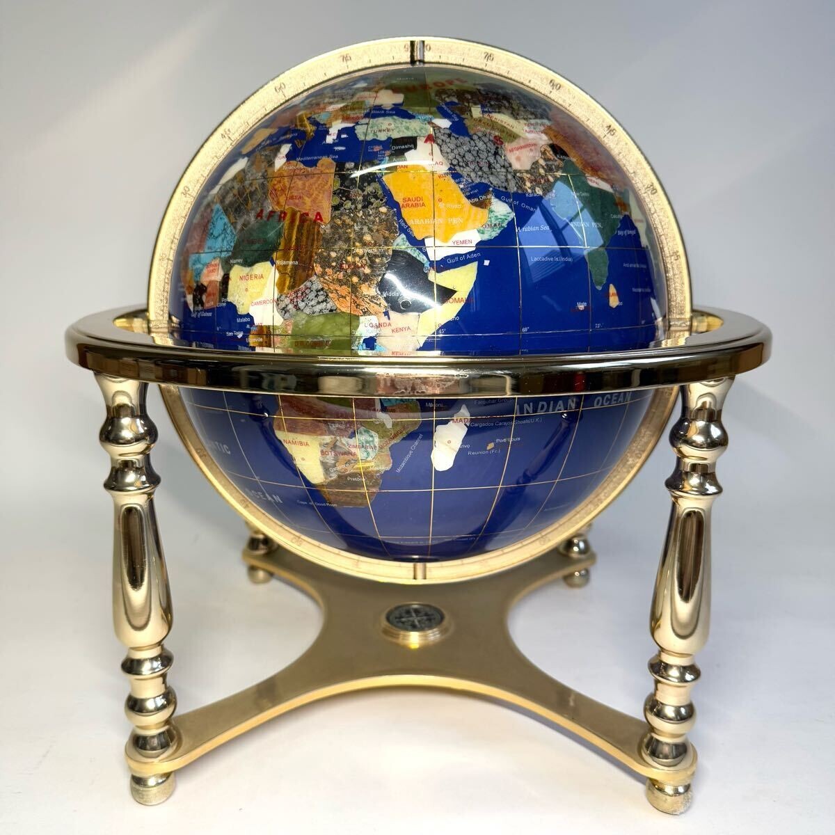 Gemstone Globe Lapis Lazuli Turquoise Inlay Compass Four Legs Power Stone 43Cm