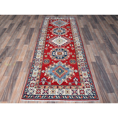 2'7"X6'9" Red Kazak Medallions Design Soft Wool Hand Knotted Runner Rug
