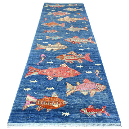 4'X11'7" Blue Wool Hand Knotted Peshawar Oceanic Fish Wide Runner Rug