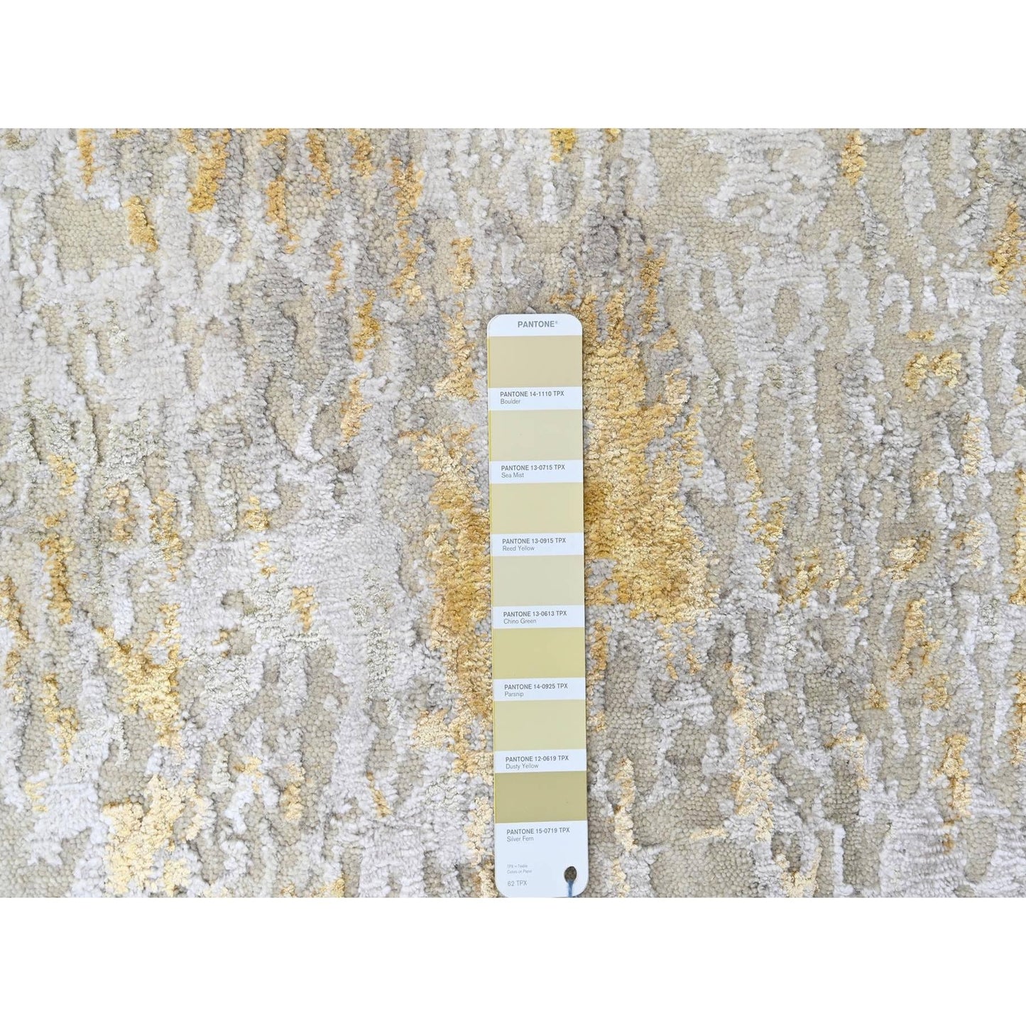 2'6"X9'9" Beige Abstract Design Wool And Silk Hand Knotted Runner Rug