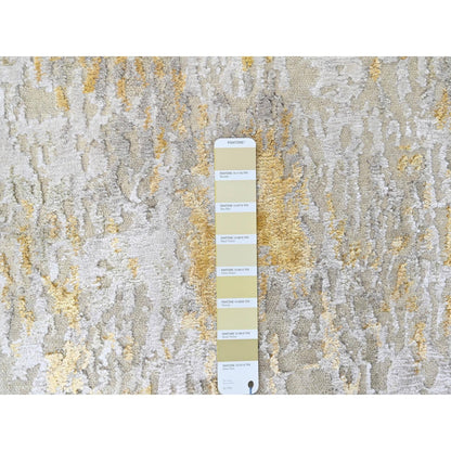 2'6"X9'9" Beige Abstract Design Wool And Silk Hand Knotted Runner Rug