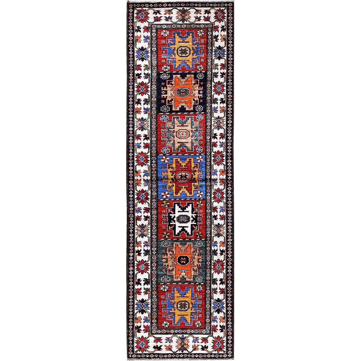 2'8"X9'2" Colorful Caucasian Design Revival Hand Knotted Wool Runner Rug