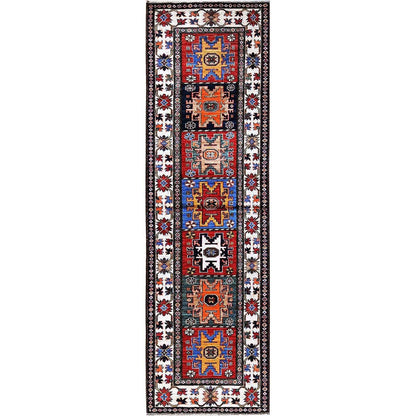 2'8"X9'2" Colorful Caucasian Design Revival Hand Knotted Wool Runner Rug