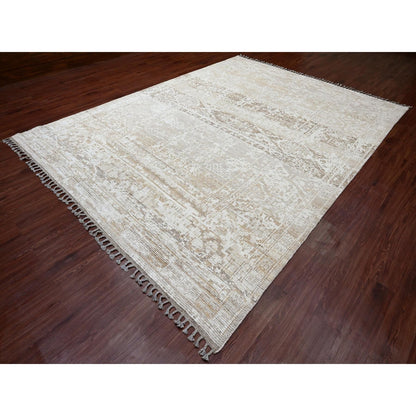 9'1"X12'5" Brown Moroccan Weave Erased Pattern Hand Knotted Pure Wool Rug