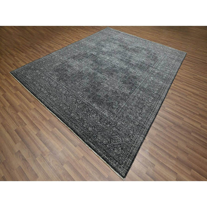 8'2"x10'2" Black Wool and Silk Intricate Star Design Hand Knotted Rug