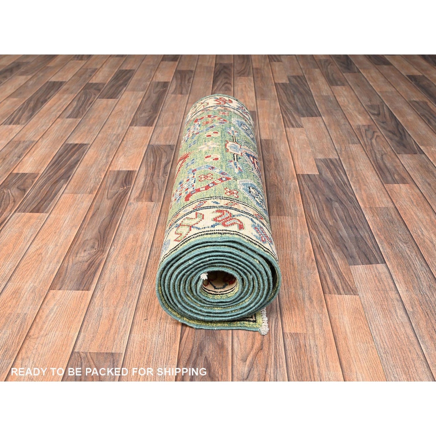 2'8"X12'7" Green Kazak With Geometric Design Hand Knotted Rug Wool Runner