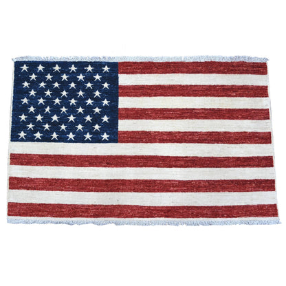 2'5"X4' Red American Flag Hand Knotted Soft Wool Wall Hanging Rug