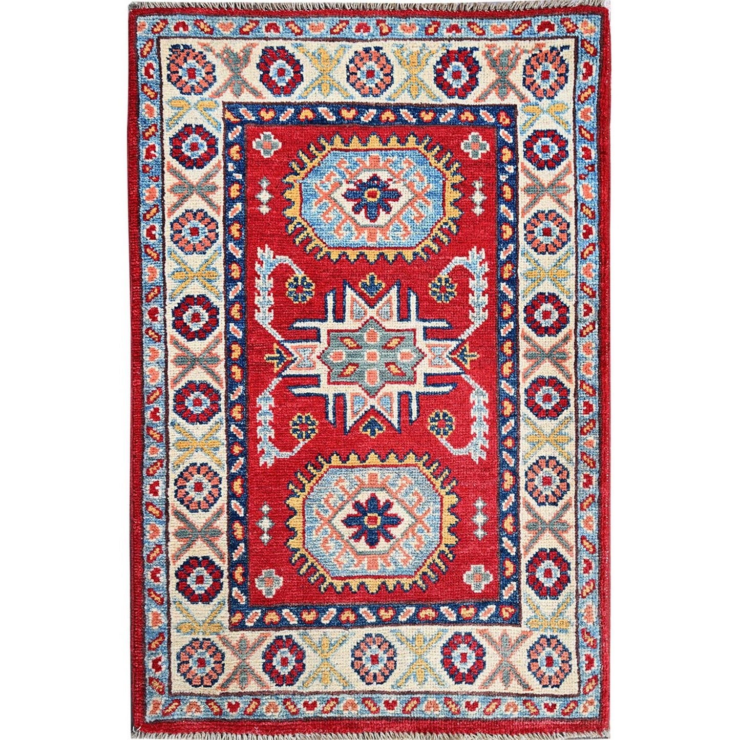 2'1"X3'1" Red Kazak With Tribal Medallions Design Wool Hand Knotted Mat Rug