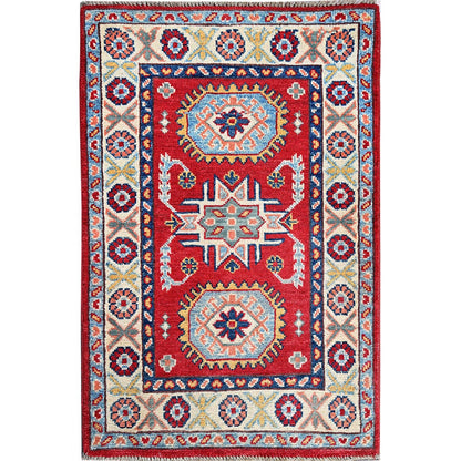 2'1"X3'1" Red Kazak With Tribal Medallions Design Wool Hand Knotted Mat Rug