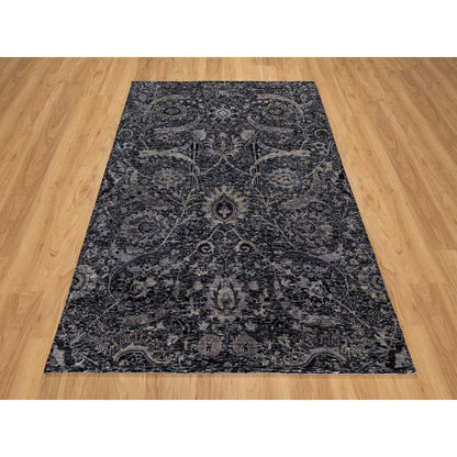 4'10"X7' Phantom Black Hand Knotted Sickle Leaf Design Wool And Silk Rug