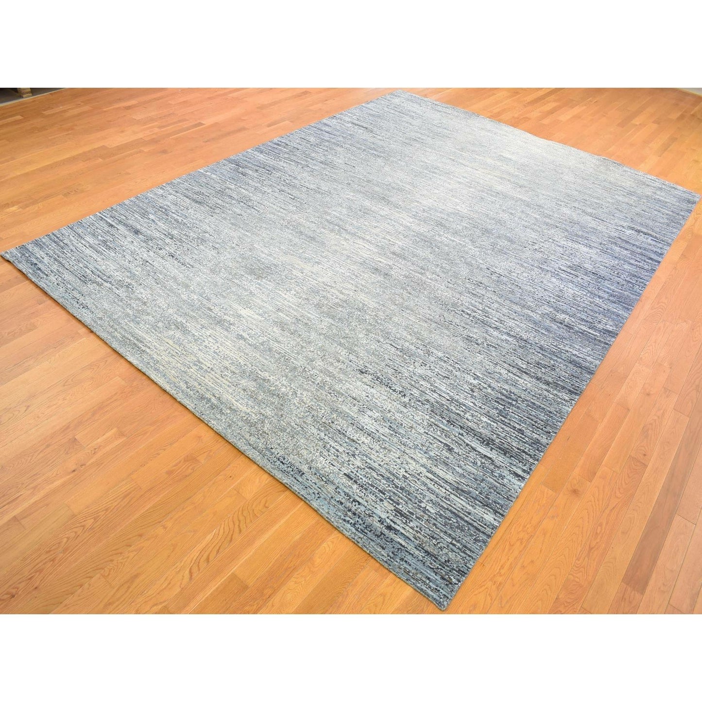 10'x14' Horizontal Ombre Design Hand Knotted Denim Blue Wool and Silk Rug