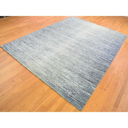 10'x14' Horizontal Ombre Design Hand Knotted Denim Blue Wool and Silk Rug