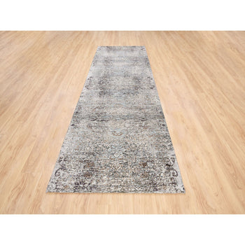 4'X12' Gray Transitional Silk/Wool Hand Knotted Wide Runner Oriental Rug