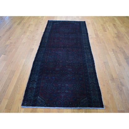 3'6"X9'1" Overdyed Wide Runner Worn Wool Hand Knotted Village Rug
