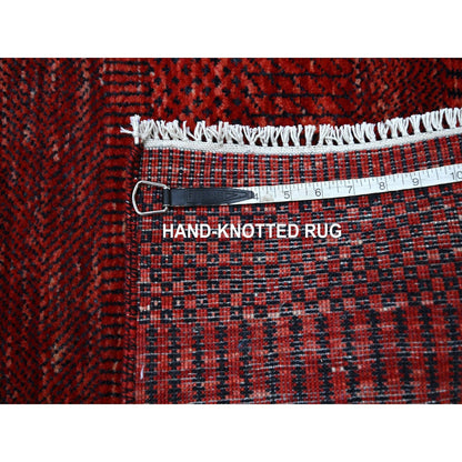 2'6"X11'10" Red Modern Grass Design Hand Knotted Wool And Silk Runner Rug