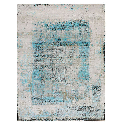 8'9"X11'10" Teal Blue Jewellery Design Silk With Textured Wool Rug