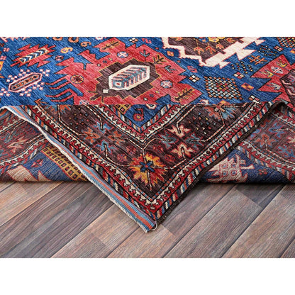 6'X7'10" Blue Afghan Caucasian Design Revival Hand Knotted Soft Wool Rug