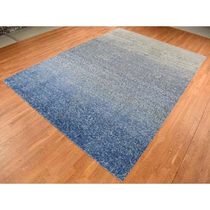 10'X14' Yale Blue Wool And Silk Modern Gradation Design Hand Knotted Rug