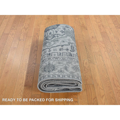 Rug 6'x9'2" Stone Gray Heris Design Wool and Silk Hi-lo Pile Hand Knotted