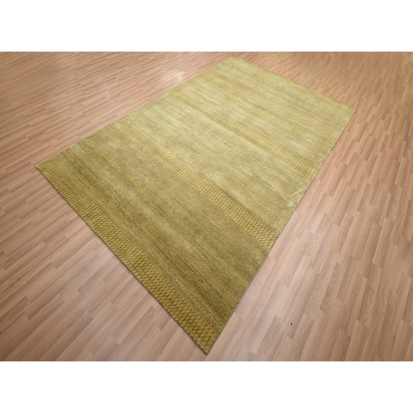 6'1"X9'6" Peanut Brown Modern Grass Design Hand Knotted Wool And Silk Rug