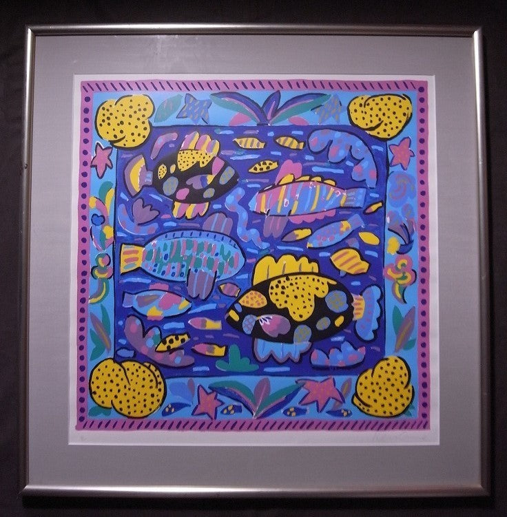 Ken Done "Two Black Fish" Hand Signed Serigraph 23/200 Large Framed Vibrant