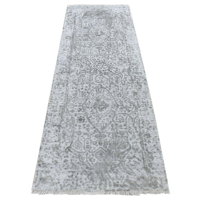 2'7"X8' Gray Zoroastrian Design Wool And Silk Hand Knotted Runner Rug