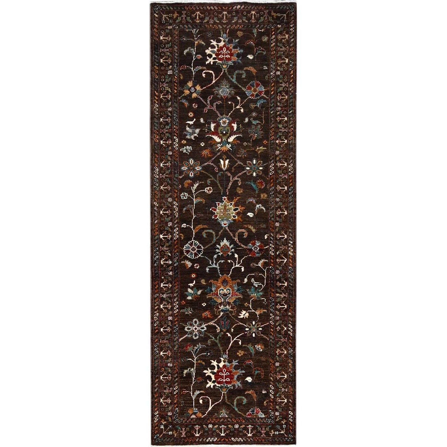 2'8"X8'6" Brown Pure Wool Afghan Sultani Oriental Runner Rug