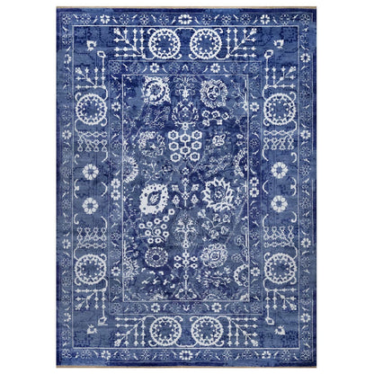 9'X12' Yale Blue Hand Knotted Tebraz With Leaf Motifs Wool And Silk Rug