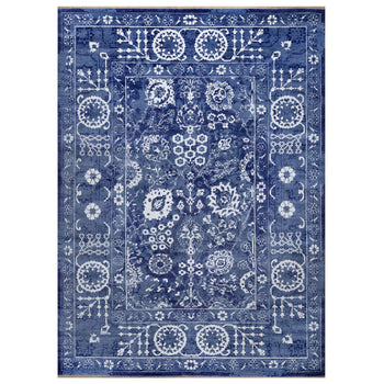 9'X12' Yale Blue Hand Knotted Tebraz With Leaf Motifs Wool And Silk Rug