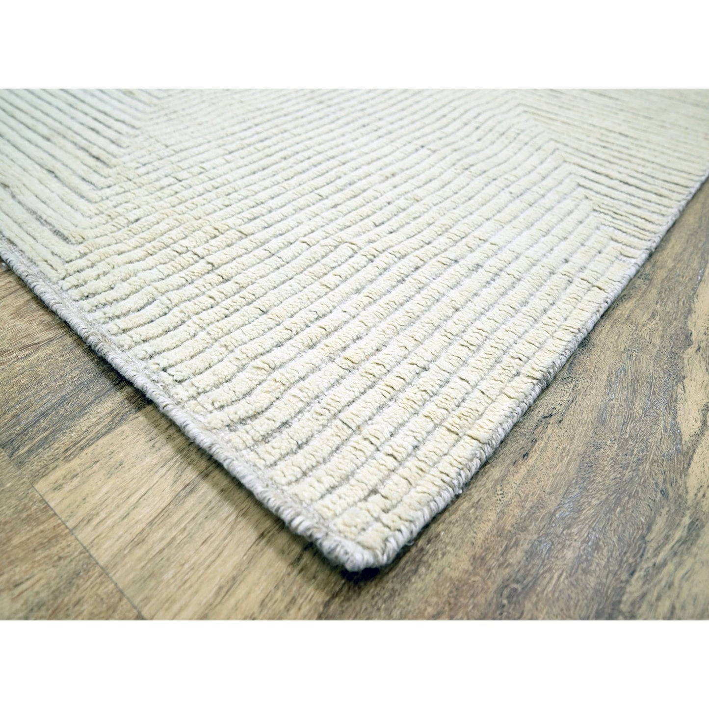 9'X12'1" White Geometric Variegated Line Design All Wool Hand Knotted Rug