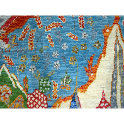 8'X10' Blue Pictorial Mountain, Tree Scenery Design Hand Knotted Wool Rug