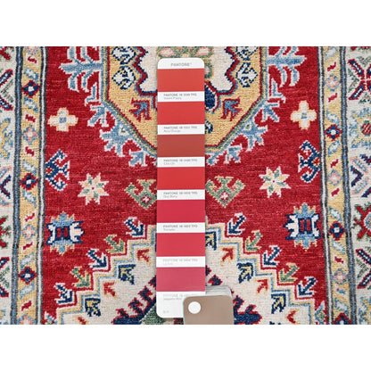 2'7"X8'1" Red Kazak With Tribal Design Hand Knotted Soft Wool Runner Rug
