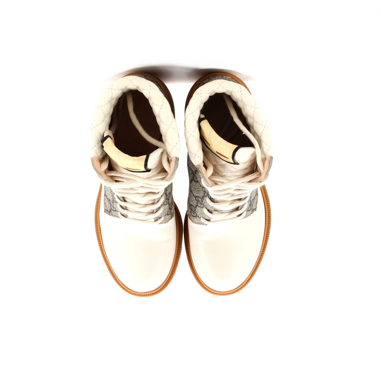 Gucci Women'S Lace Up Heeled Ankle Boots Gg Coated Canvas With Quilted Leather