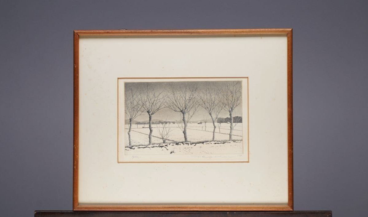 Tanaka Ryohei Rice Ear Landscape Aquatint Print Framed with Autograph