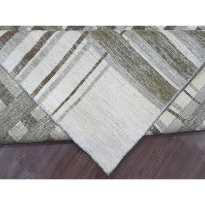 8'X9'9" Brown Bauhaus Inspired Line Design Hand Knotted Soft Wool Rug