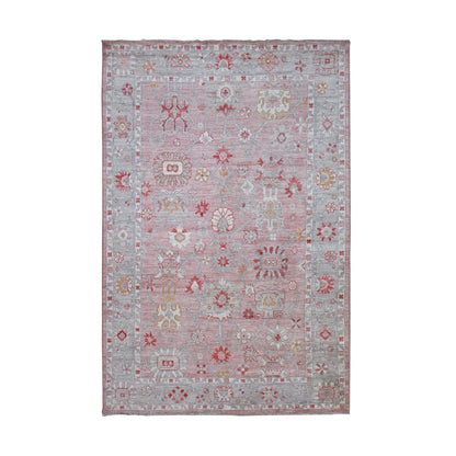 6'X9'1" Pink Afghan Angora Oushak Leaf Design Hand Knotted Pure Wool Rug
