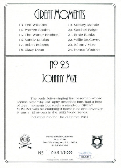 Johnny Mize Autographed Perez Steele Greatest Moments Card (Jsa)