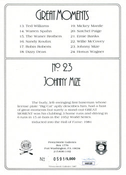 Johnny Mize Autographed Perez Steele Greatest Moments Card (Jsa)